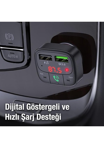 Bluetooth V5.0 LED Ekranlı Fm Transmitter Araç Kiti, 2x USB 1x Micro Sd Girişli Fm Transmitter