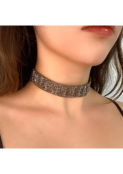 Full Kristal Taşlı Işleme Choker Tasma Kolye