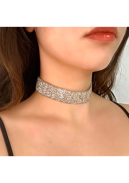 Petek Aksesuar Full Kristal Taşlı Işleme Choker Tasma Kolye