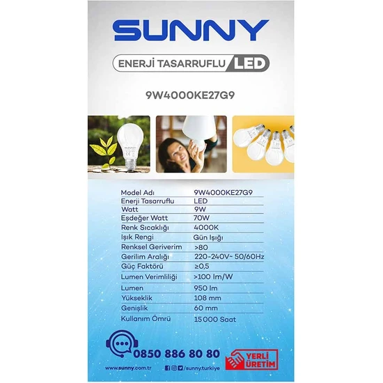 Sunny 9W 950LM Led Ampul - 4000K Gün Işığı