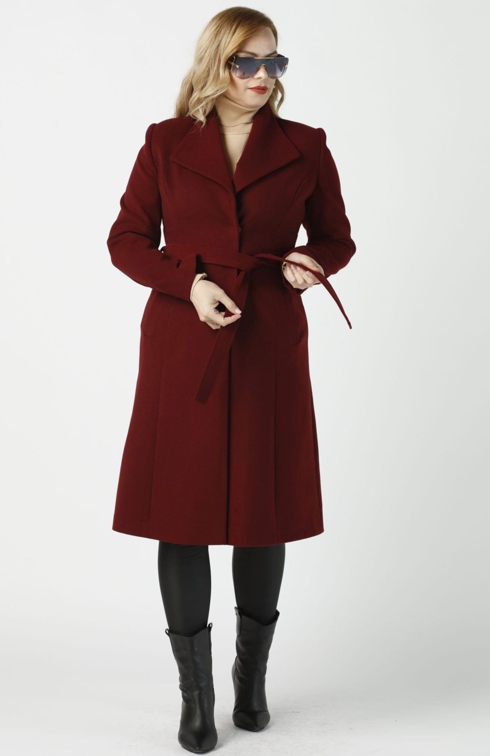 Moda Berray 923 Kadın Büyük Beden Mendil Yaka Kaban Bordo görsel 2