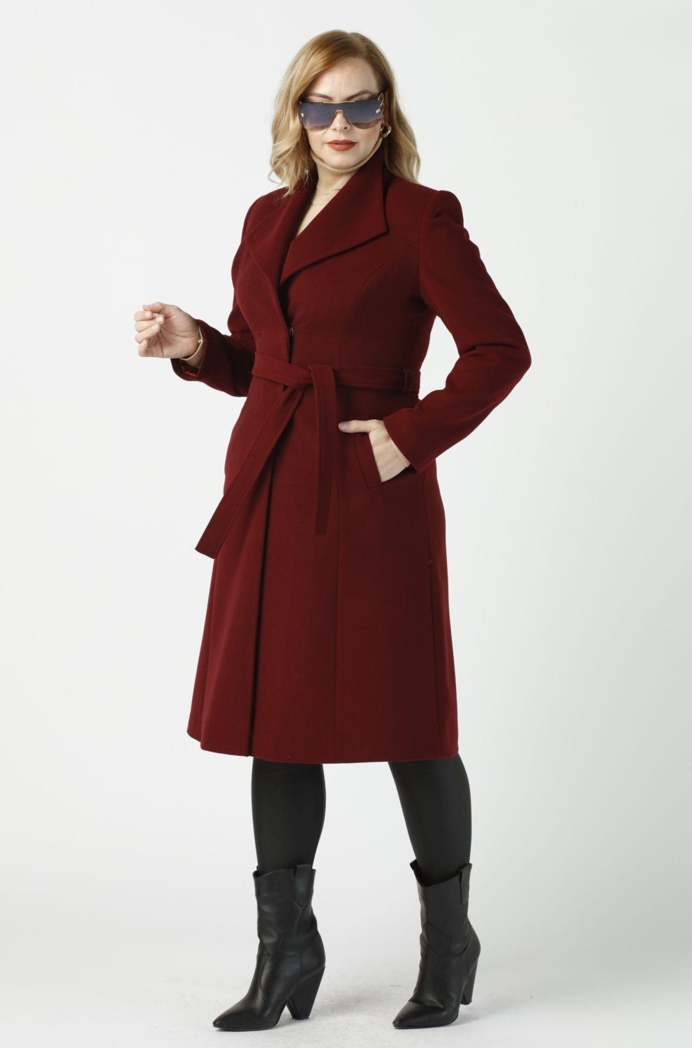 Moda Berray 923 Kadın Büyük Beden Mendil Yaka Kaban Bordo görsel 3