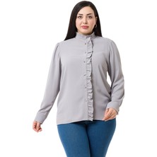 Büyük Beden Hakim Yaka Ön Patı ve Yakası Fırfırlı Gri Gömlek