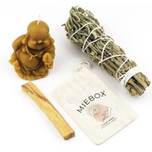 Mie Box Enerji  ve Mutlu Buda Seti: Palo Santo Tütsü - Balmumu Buda Mum - Adaçayı Tütsü Demeti