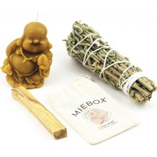 Mie Box Enerji  ve Mutlu Buda Seti: Palo Santo Tütsü - Balmumu Buda Mum - Adaçayı Tütsü Demeti