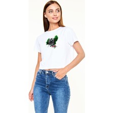 Tişört Fabrikası Çeçenistan Baskılı Beyaz Crop Top Kadın Tişört - Tshirt