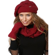 Sema Aksesuar Ressam Bere Atkı ve Eldiven Takım - Koyu Bordo Renk 3'lü Set - Kadın Kışlık Bere Takım