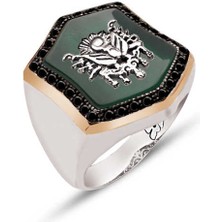 Amberkan Gümüş Yeşil Akik Taş Üstü Osmanlı Devlet Armalı Siyah Zirkon Taş İşlemeli Yüzük