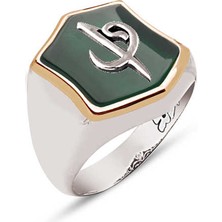 Amberkan Gümüş Yeşil Akik Taş Üzeri Elif Vav Temalı Yüzük