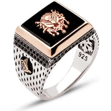 Amberkan Gümüş Siyah Oniks Taşlı Üzeri Osmanlı Devlet Armalı Erkek Yüzük