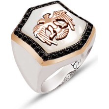 Amberkan Gümüş Sedef Taş Üstü Selçuklu Kartalı Siyah Zirkon Taş İşlemeli Yüzük