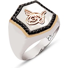 Amberkan Gümüş Sedef Taş Üstü Tuğralı Kenarları Zirkon İşlemeli Yüzük