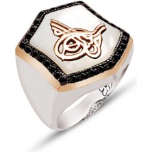 Amberkan Gümüş Sedef Taş Üstü Tuğralı Siyah Zirkon Taş İşlemeli Yüzük