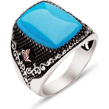 Amberkan Gümüş Sıkma Turkuaz Taşlı Yanları Tuğralı Yüzük