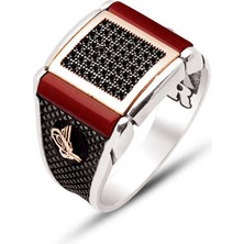 Amberkan Gümüş Siyah Zirkon İşlemeli Akik Taş Detaylı Yanları Tuğralı Yüzük