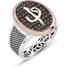 Amberkan Gümüş Siyah Zirkon Taş Üzeri Elif Vav Temalı Erkek Yüzük