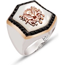 Amberkan Gümüş Sedef Taş Üstü Osmanlı Devlet Armalı Siyah Zirkon Taş İşlemeli Yüzük