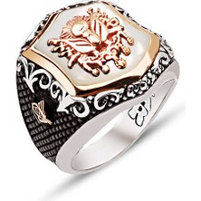 Amberkan Gümüş Sedef Taş Üstü Osmanlı Devlet Armalı Yanları Tuğra İşlemeli Yüzük