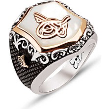 Amberkan Gümüş Sedef Taş Üstü Tuğralı Yanları Tuğra İşlemeli Yüzük