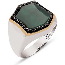 Amberkan Gümüş Yeşil Akik Taşlı Kenarları Zirkon İşlemeli Yüzük