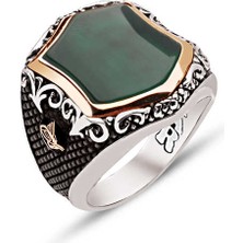 Amberkan Gümüş Yeşil Akik Taşlı Yanları Tuğralı Yüzük