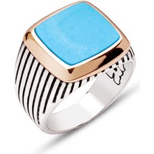 Amberkan Gümüş Sıkma Turkuaz Taşlı Çizgili Kasalı Yüzük