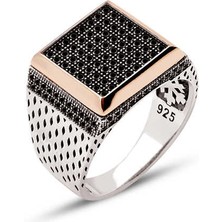 Amberkan Gümüş Siyah Zirkon Taşlı Kare Model Erkek Yüzük