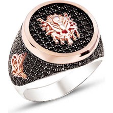 Amberkan Gümüş Siyah Zirkon Taşlı Üzeri Osmanlı Armalı Yanları Komple Taş İşlemeli Erkek Yüzük