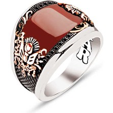 Amberkan Gümüş Akik Kenarı Siyah Zirkon İşlemeli Osmanlı Devlet Armalı Erkek Yüzük