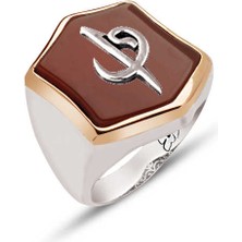 Amberkan Gümüş Akik Taş Üstü Elif Vav Temalı Yüzük