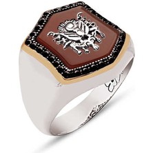 Amberkan Gümüş Akik Taş Üstü Osmanlı Devlet Armalı Kenarları Zirkon İşlemeli Yüzük