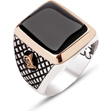 Amberkan Gümüş Oniks Taşlı Yanlar Osmanlı Tuğralı Motifli Yüzük