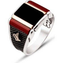 Amberkan Gümüş Akik ve Oniks Taşlı Kenarları Osmanlı Tuğralı Yüzük