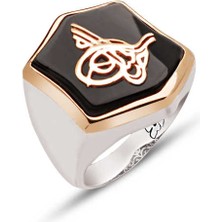 Amberkan Gümüş Oniks Taş Üstü Tuğralı Yüzük