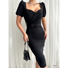 Twomeey Kadın Kruvaze U Yaka Kısa Balon Kol Kemerli Krep Kumaş Midi Boy Elbise (Renk Seçenekli)