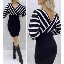 Twomeey Kadın Çizgi Desenli Kruvaze Yaka Midi Boy Triko Elbise