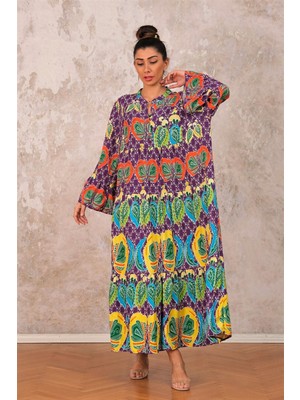 Keyifli Moda Kadın Mor Volanlı Kol Önden Düğmeli Eteği Kat Kat Tropikal Desenli Uzun Elbise