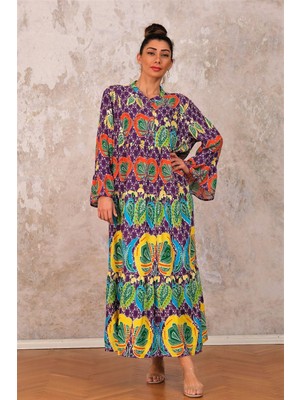 Keyifli Moda Kadın Mor Volanlı Kol Önden Düğmeli Eteği Kat Kat Tropikal Desenli Uzun Elbise