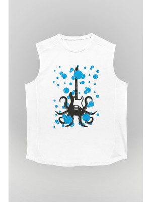 Tişört Fabrikası Elektro Gitar Unisex Baskılı Beyaz Kolsuz Tişört - Tshirt