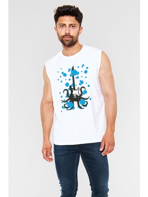 Tişört Fabrikası Elektro Gitar Unisex Baskılı Beyaz Kolsuz Tişört - Tshirt