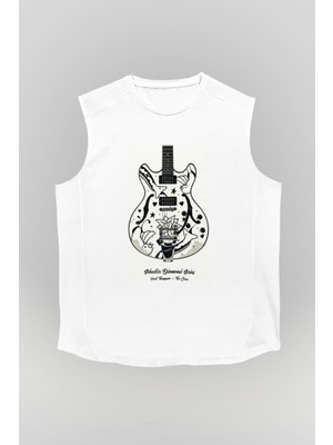 Tişört Fabrikası Elektro Gitar Unisex Baskılı Beyaz Kolsuz Tişört - Tshirt