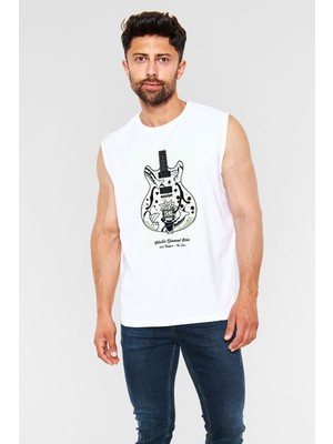 Tişört Fabrikası Elektro Gitar Unisex Baskılı Beyaz Kolsuz Tişört - Tshirt