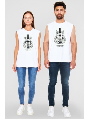 Tişört Fabrikası Elektro Gitar Unisex Baskılı Beyaz Kolsuz Tişört - Tshirt