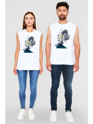 Tişört Fabrikası Ejderha Unisex Baskılı Beyaz Kolsuz Tişört - Tshirt