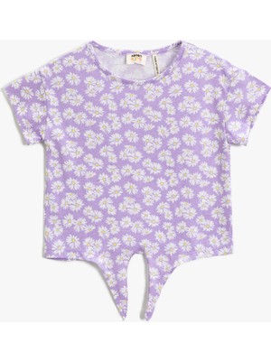 Koton Çiçekli Tişört Önden Bağlama Detaylı Kısa Kollu Yuvarlak Yaka