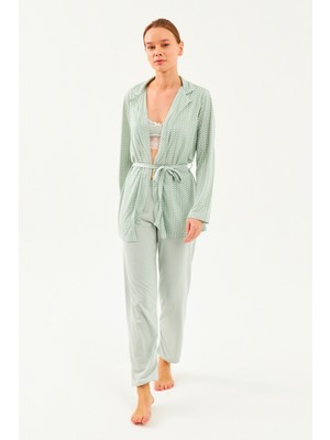 Ecrou Kadın Mint Damalı Sabahlık Dantel Ip Askılı 3lü Pijama Takım
