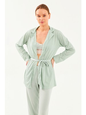 Ecrou Kadın Mint Damalı Sabahlık Dantel Ip Askılı 3lü Pijama Takım
