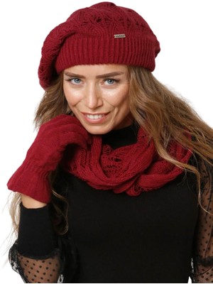 Sema Aksesuar Ressam Bere Atkı ve Eldiven Takım - Koyu Bordo Renk 3'lü Set - Kadın Kışlık Bere Takım