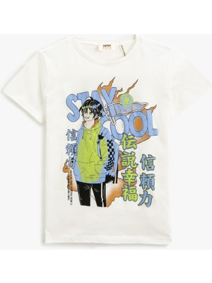 Koton Tişört Anime Baskılı Kısa Kollu Bisiklet Yaka