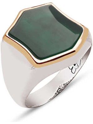 Amberkan Gümüş Yeşil Akik Taş Kaplamalı Yüzük